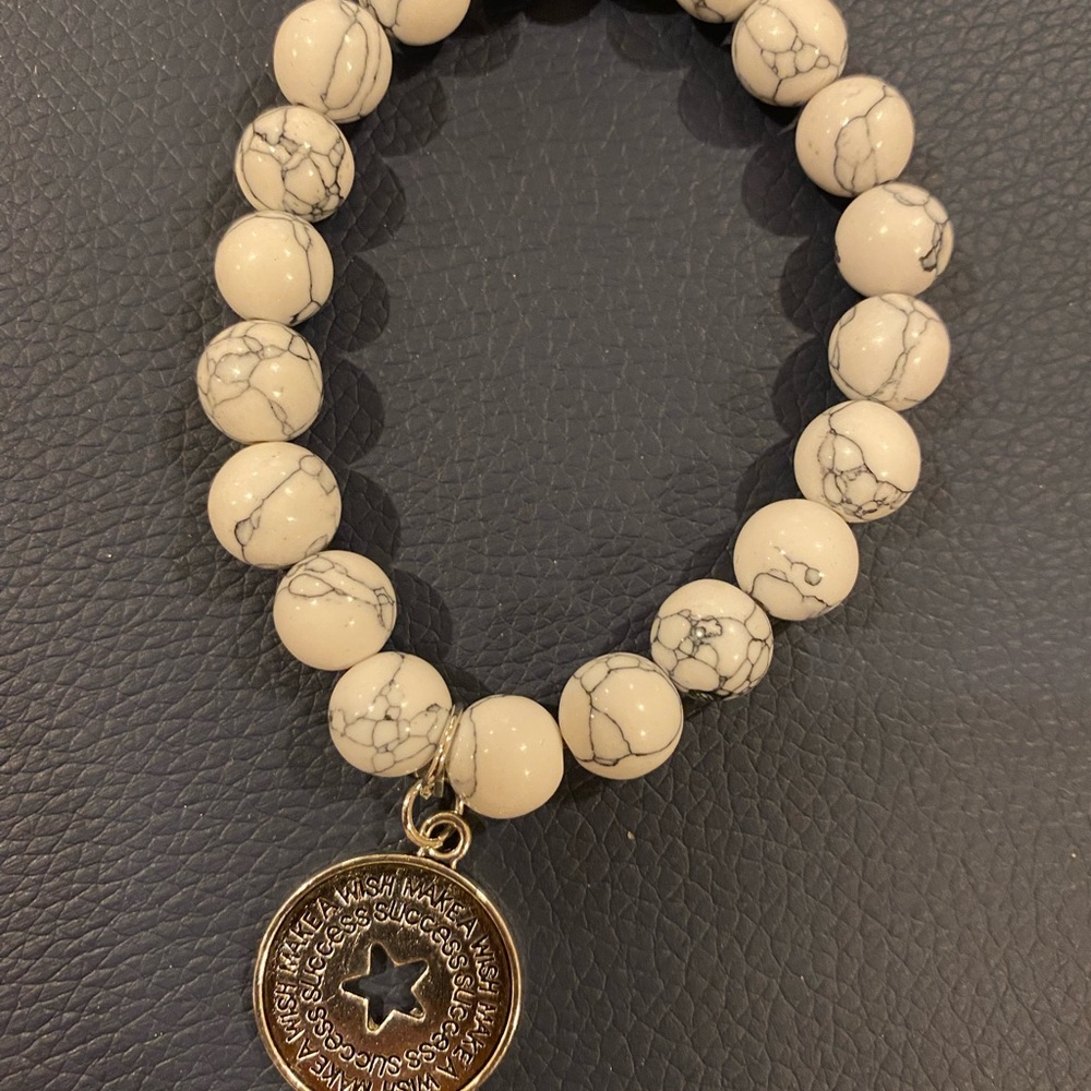 Elegant White Beaded Bracelet with Silver Charm - Natural Stone Bracelet